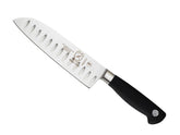 Mercer Genesis 7-Inch Santoku blade with Granton edge for smooth, thin slices.