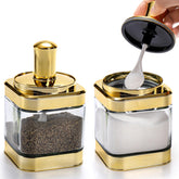 Mezchi 2-pack glass condiment pots with clear glass for quick ingredient checks.