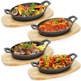 Mezchi four-pack cast iron fajita skillets deliver even heat for sizzling meals.