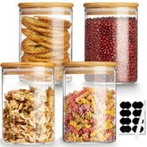 Mfacoy 4-pack glass storage jars with airtight bamboo lid for easy pantry organization.