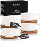 MIAMIO 11oz ceramic teacups with wooden saucers for everyday coffee and tea