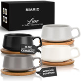 MIAMIO 11oz tea cups with wooden saucers for elegant entertaining.