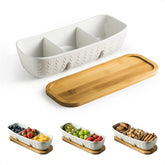 Miamolo chip and dip set on acacia tray for stylish entertaining.