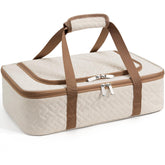 MIAOJIE insulated casserole carrier beige front view showing portable meal transport.