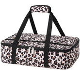 MIAOJIE leopard-print lunch bag exterior for stylish, portable meal transport at work.