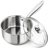 Michelangelo 1.5 qt saucepan with lid seals flavor while heating evenly
