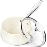 Michelangelo 1-quart saucepan with lid on stove for convenient cooking and even heating