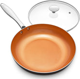 Michelangelo 12-inch frying pan with lid for even heat and browning.