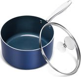 MICHELANGELO 3QT saucepan with blue lid delivers even heating for sauces and reheating
