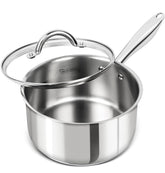 Michelangelo 3qt saucepan with lid, ideal for simmering sauces and soups.