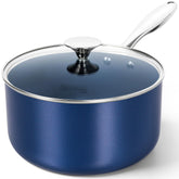 MICHELANGELO 4 Qt saucepan with blue exterior ideal for everyday cooking.