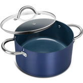 Michelangelo 6-quart stock pot with lid showing a secure, user-friendly handle.