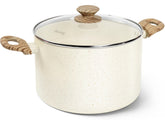 Michelangelo 8 Qt stock pot with lid, durable and ready for family meals.