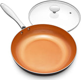 MICHELANGELO frying pan with lid demonstrating even heating for quick meals