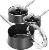 Michelangelo hard anodized saucepan set in three sizes for even heating and durability.