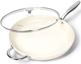 Michelangelo large frying pan with lid on stove showing even heat distribution