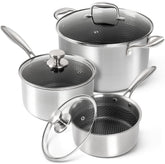 MICHELANGELO tri-ply pot set on counter, ideal for versatile sauces and stocks.
