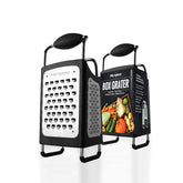 Microplane four-sided box grater shown in full view, versatile all-in-one grating and slicing.