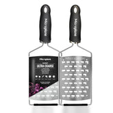 Microplane Gourmet Ultra Coarse Grater front view with stable non-slip base for confident grating.