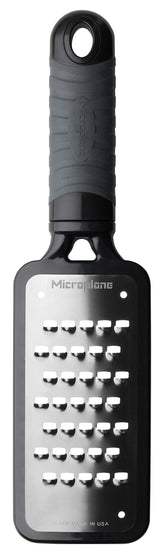 Microplane Home Series Extra Coarse Grater creates thick cheese shavings for hash browns and more