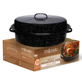 Millvado roasting pan lid seals in moisture for juicy results.