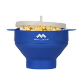 Mindful Design collapsible popcorn popper in blue for quick, mess-free movie nights.