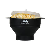 Mindful Design collapsible popcorn bowl in use for quick, mess-free movie-night prep.