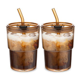 MINGHYZYA 13oz glass tumbler with amber lid and straw for spill-free on-the-go sipping.