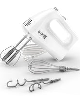 Mini Angel Hand Mixer attachments ready for baking; includes beaters, dough hooks, and whisk.