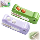 Mini bag sealer with cutter and magnet in green sealing a snack bag for freshness.