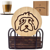 Mint Bucket bamboo dog-coaster set protects surfaces while showing playful dog faces.