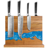 Minyuexia magnetic knife holder with acacia wood and blue resin river keeps knives secure.