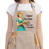 Miracu funny apron worn by a woman, front view with practical pockets.