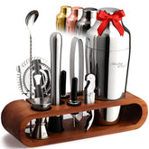 Mixology & Craft bartending kit with dark bamboo stand keeps tools neatly organized for quick access.