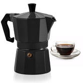 Mixpresso Black 3-Cup Moka Pot side view for compact stovetop espresso.