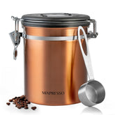 Mixpresso copper coffee canister with airtight seal preserves aroma.