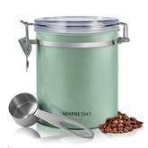 Mixpresso green coffee canister with airtight seal preserving coffee beans freshness.