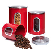 Mixpresso 3-piece red canisters with front view show stylish storage and quick content check.