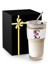 MNZZ monogram glass cup with lid and straw for hot or cold drinks