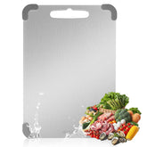 MOHUNIQ stainless steel cutting board front view shows a durable non-porous surface for slicing.