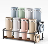 MOJOHAND 2-tier water bottle organizer holds eight tumblers with lid hook.