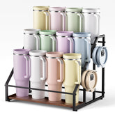MOJOHAND water bottle organizer with 3-tier rack holding 12 cups on the counter