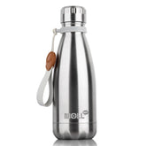 Mollcity 9 oz kid bottle in silver clipped to a backpack for easy carrying