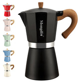 Mongdio stovetop espresso pot in black ready to brew rich coffee at home