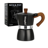 Mongdio stovetop espresso pot top view highlighting compact Italian design.