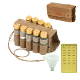 MONGPIENS camping spice kit with nine clear jars in a rugged canvas bag for organized outdoor cooking
