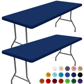 Moosfor Spandex 6ft tablecloth navy setup shows stretch-fit for secure outdoor dining.
