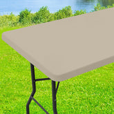 Moosfor Spandex 6ft rectangle tablecloth showing snug elastic fit for outdoor picnic