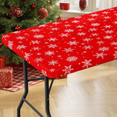 Moosfor Spandex tablecloth on a 6-foot table with dot snowflake pattern for festive dining.