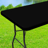 Moosfor Spandex tablecloth on outdoor table with snug elastic fit.